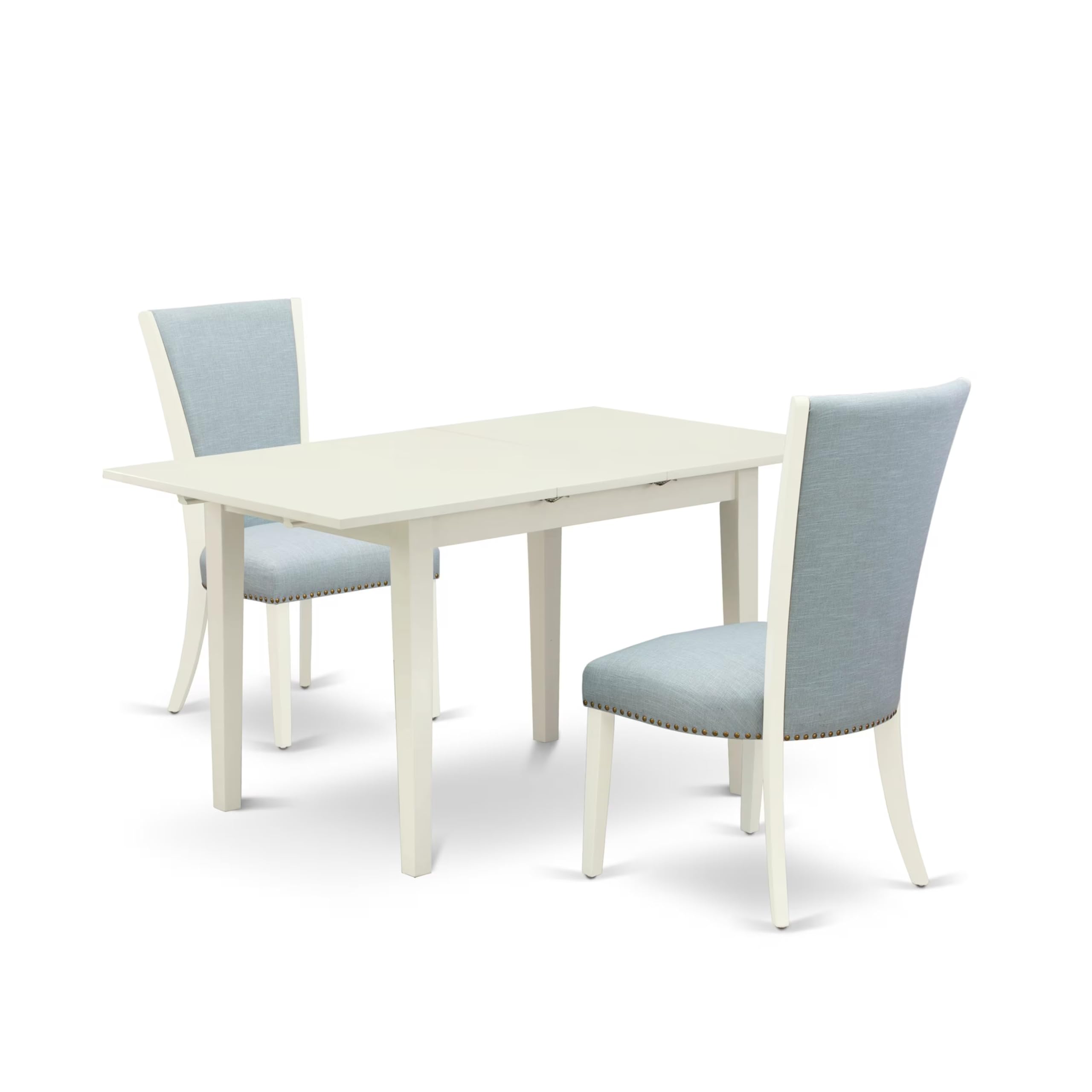 East West Furniture Nfve3-Lwh-15 3 Piece Dining Set Contains A Rectangle Dining Room Table With Butterfly Leaf And 2 Baby Blue Linen Fabric Upholstered Chairs, 32X54 Inch, Linen White