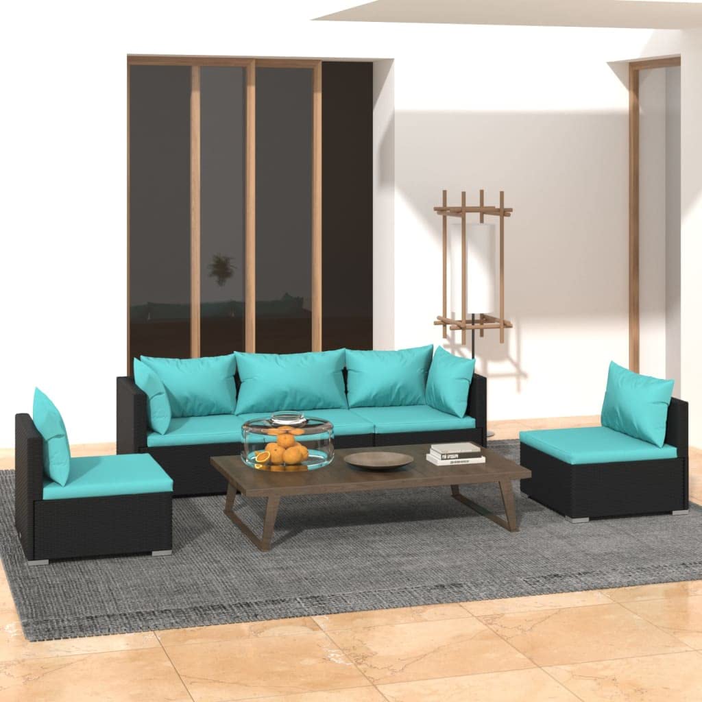 vidaXL Patio Lounge Set, 5-Piece with Cushions - Black Poly Rattan Frame- Water Blue Cushions - Modular Design - Powder-Coated Steel and Plastic