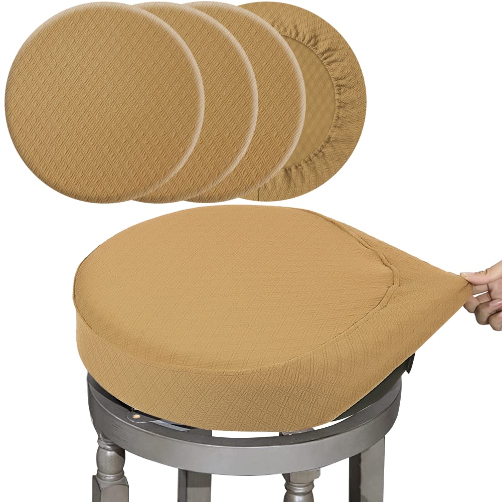 Buyue 4 Pcs Bar Stool Covers, Luxury Fabric Dia.16-18' Round Stretchy Crease-Resistant Washable Jacquard Dustproof Stool Seat Slipcover, L-Ocher-Set Of 4
