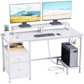 Furologee White Computer Desk With Drawer And Power Outlets, 47' Office Desk With 2 Monitor Stands And Fabric File Cabinet, Writing Gaming Table With Shelves And 2 Hooks For Home Office