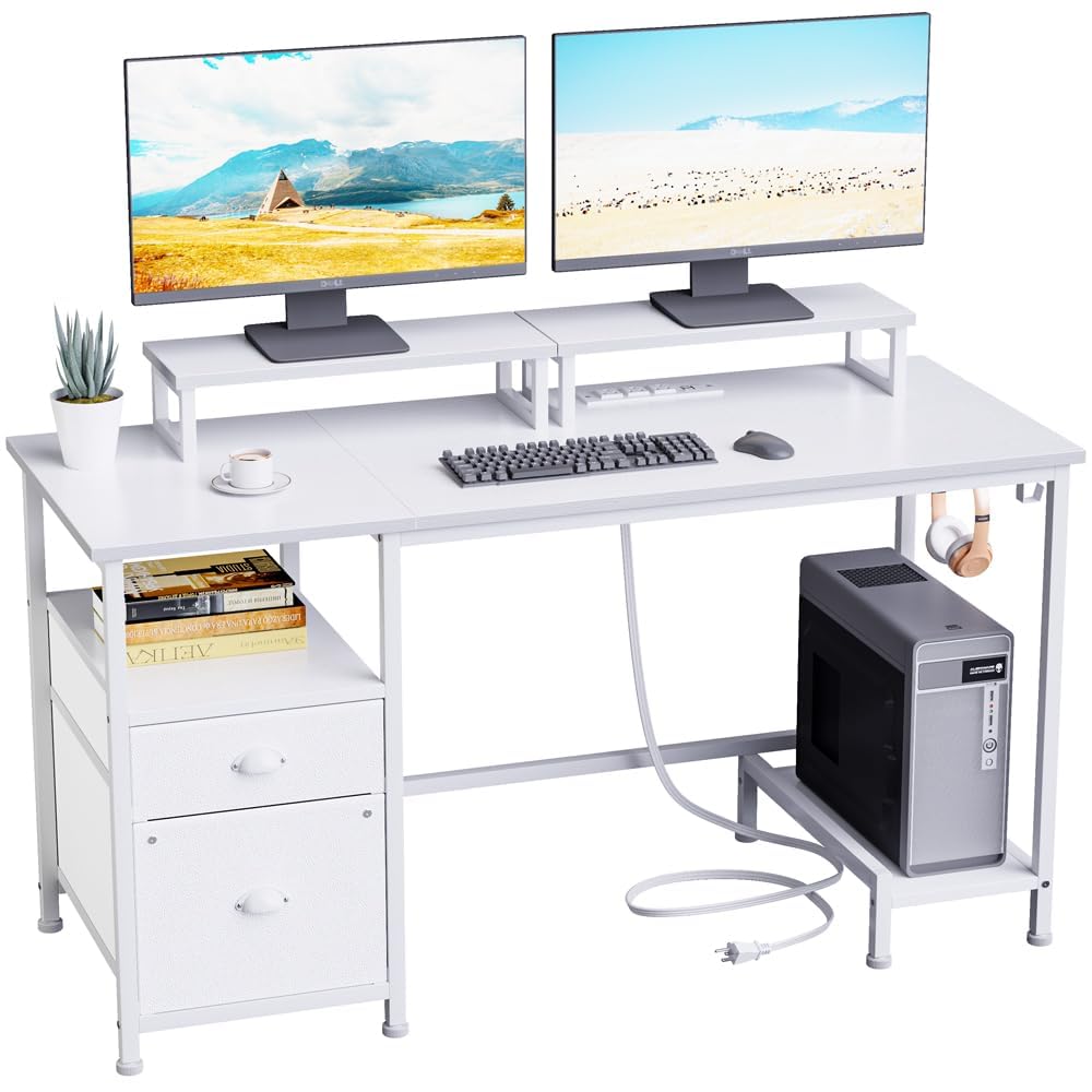 Furologee White Computer Desk With Drawer And Power Outlets, 47' Office Desk With 2 Monitor Stands And Fabric File Cabinet, Writing Gaming Table With Shelves And 2 Hooks For Home Office
