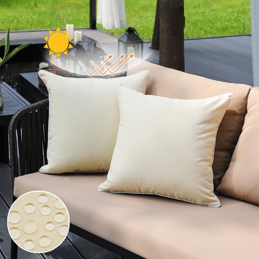 Jojogogo Beige Outdoor Decorative Throw Pillow Covers 18X18 Waterproof Set Of 2, Farmhouse Outdoor Sunproof Porch Pillows 18 X 1
