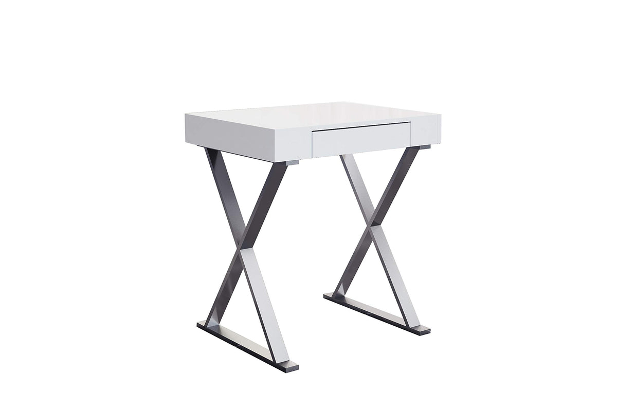 HomeRoots Desk Small, High Gloss White, One Drawer, Stainless Steel Base