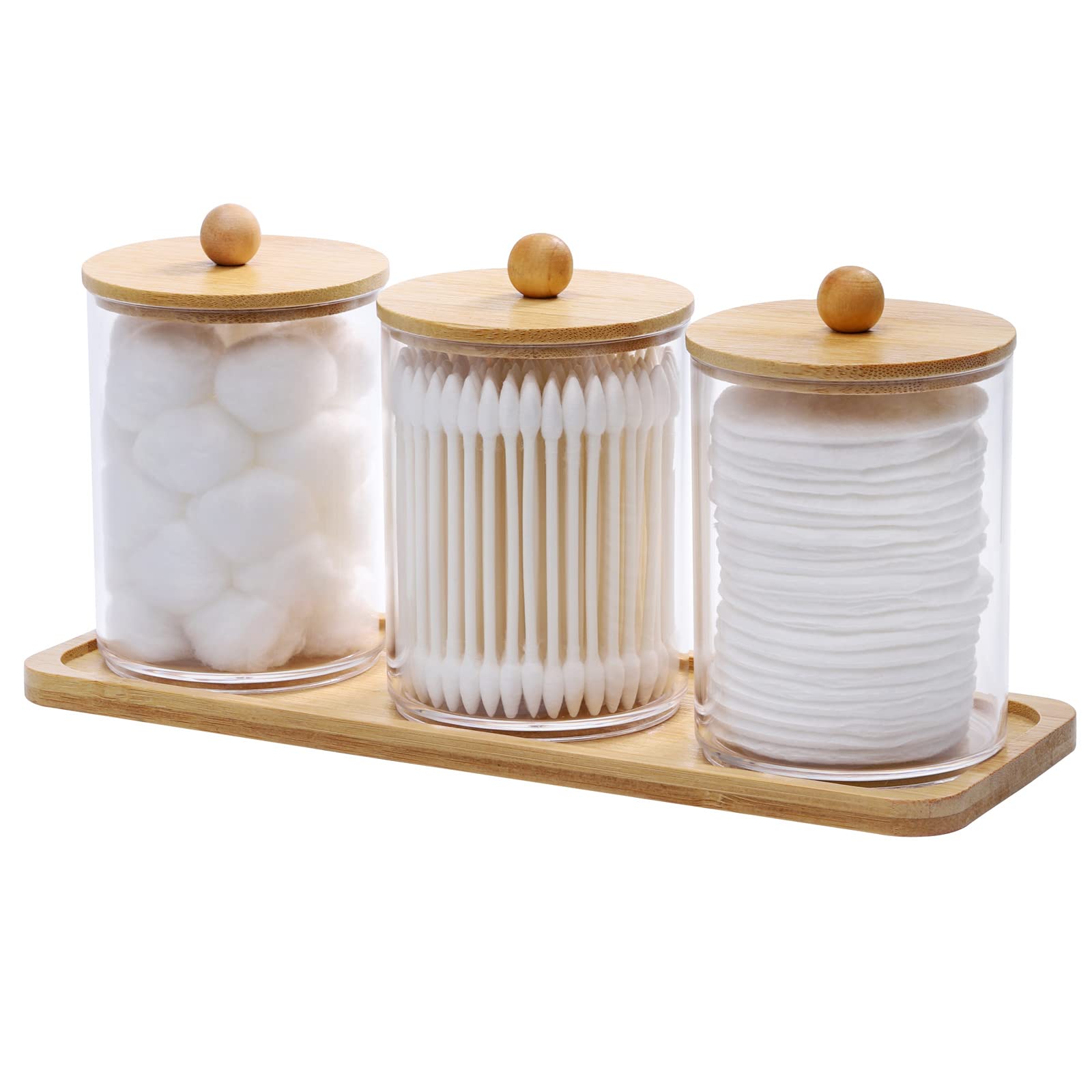 Tbestmax 10 Oz Cotton Swab/Ball/Pad Holder with Vanity Tray, Qtip Apothecary Jar, Clear Bathroom Containers Dispenser for Storag