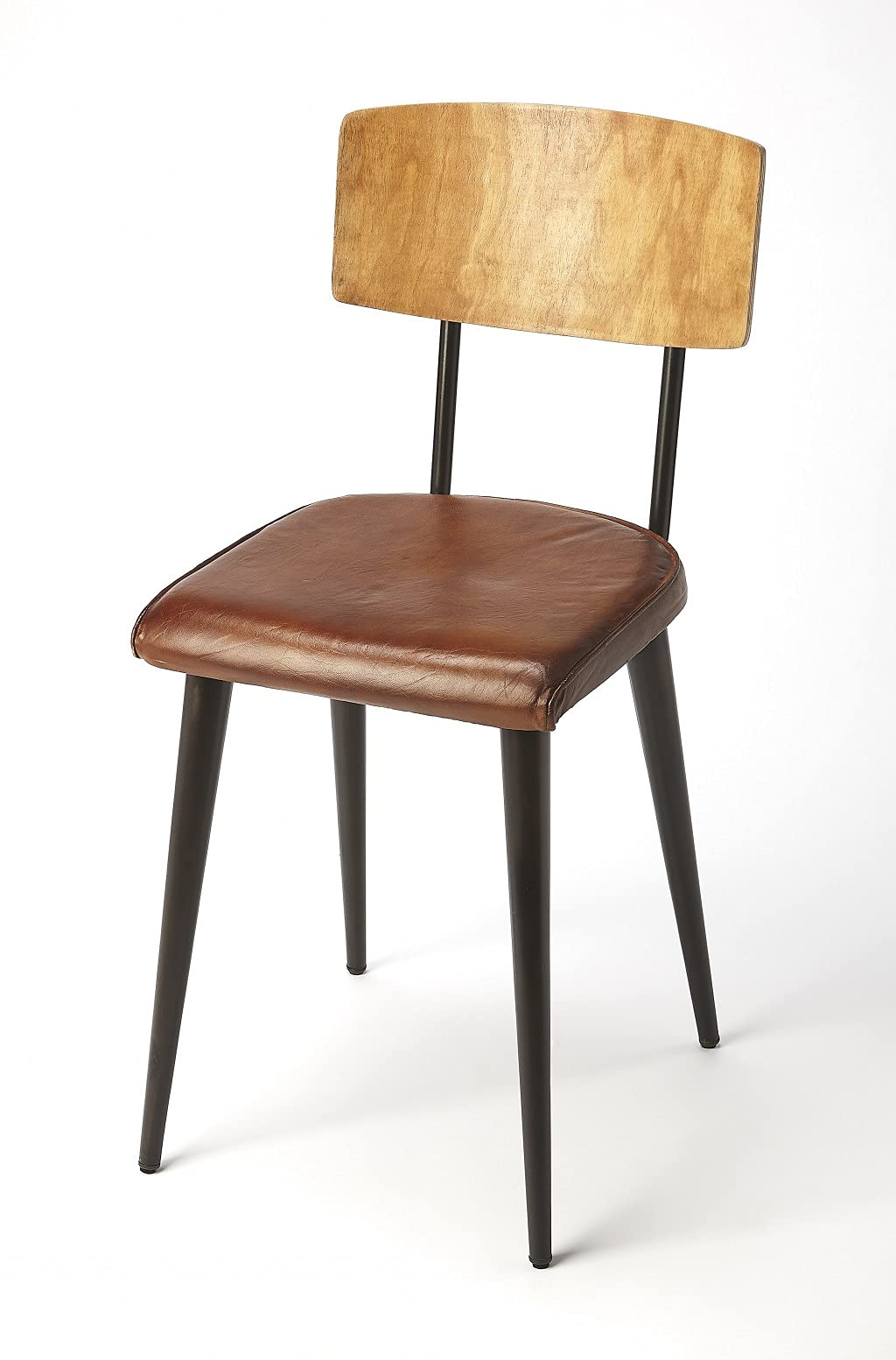 HomeRoots Medium Brown Iron; Black Finish, Leather, Plywood Metal and Wood Leather Dining Chair