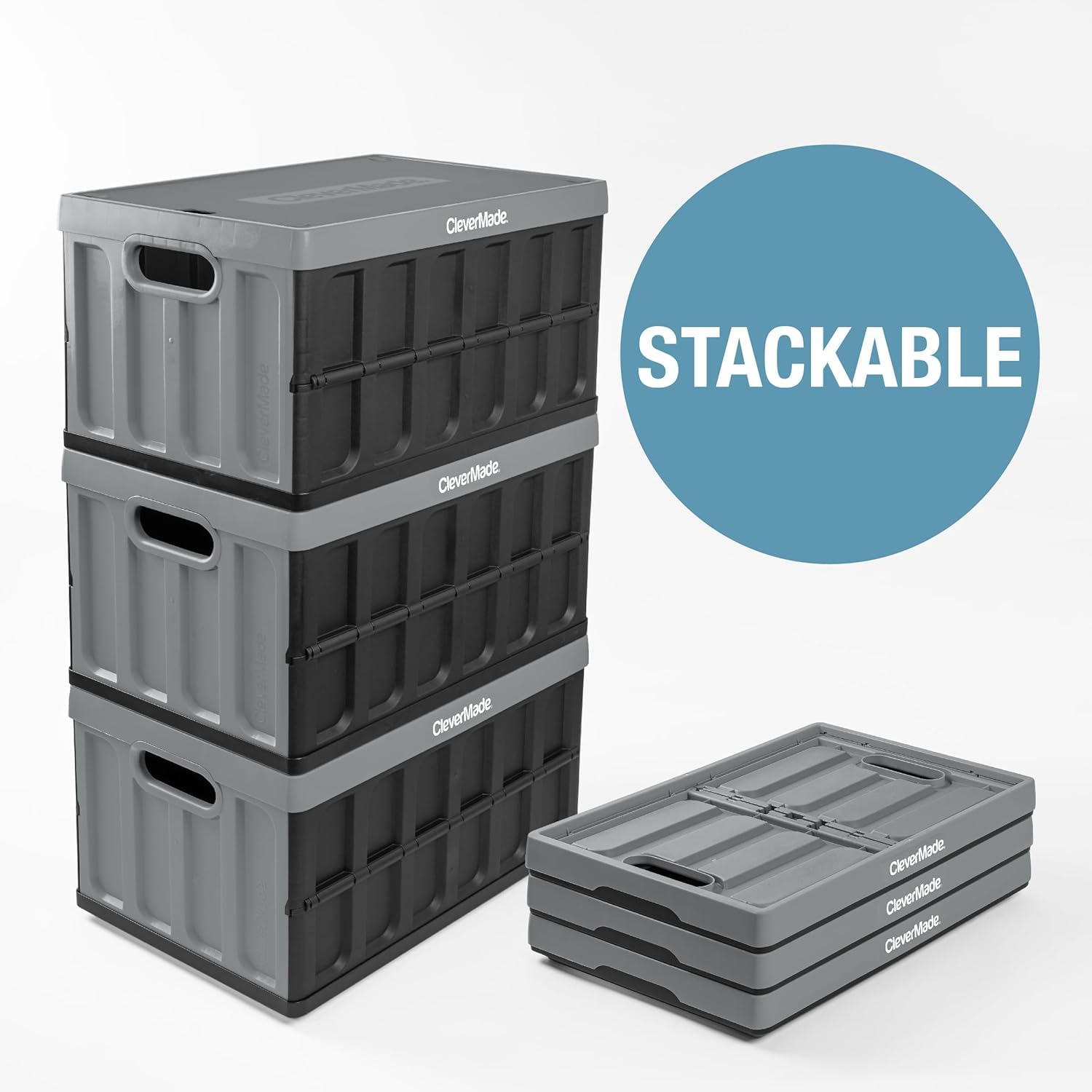 Clevermade Collapsible Storage Bin (With Lid), Stone, 3Pk - 46L (12 Gal) Folding Plastic Stackable Utility Crates, Holds 75Lbs P