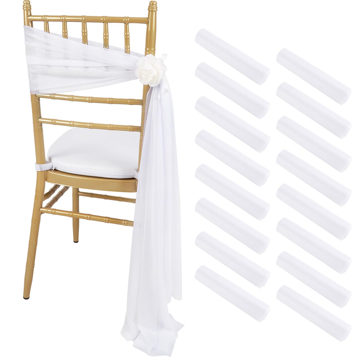 White Chair Sashes 16 Packs 8ft Long Aisle Wedding Chair Back Side Decorations Fabric Sheer Church Tulle Chair Drapes Bulk