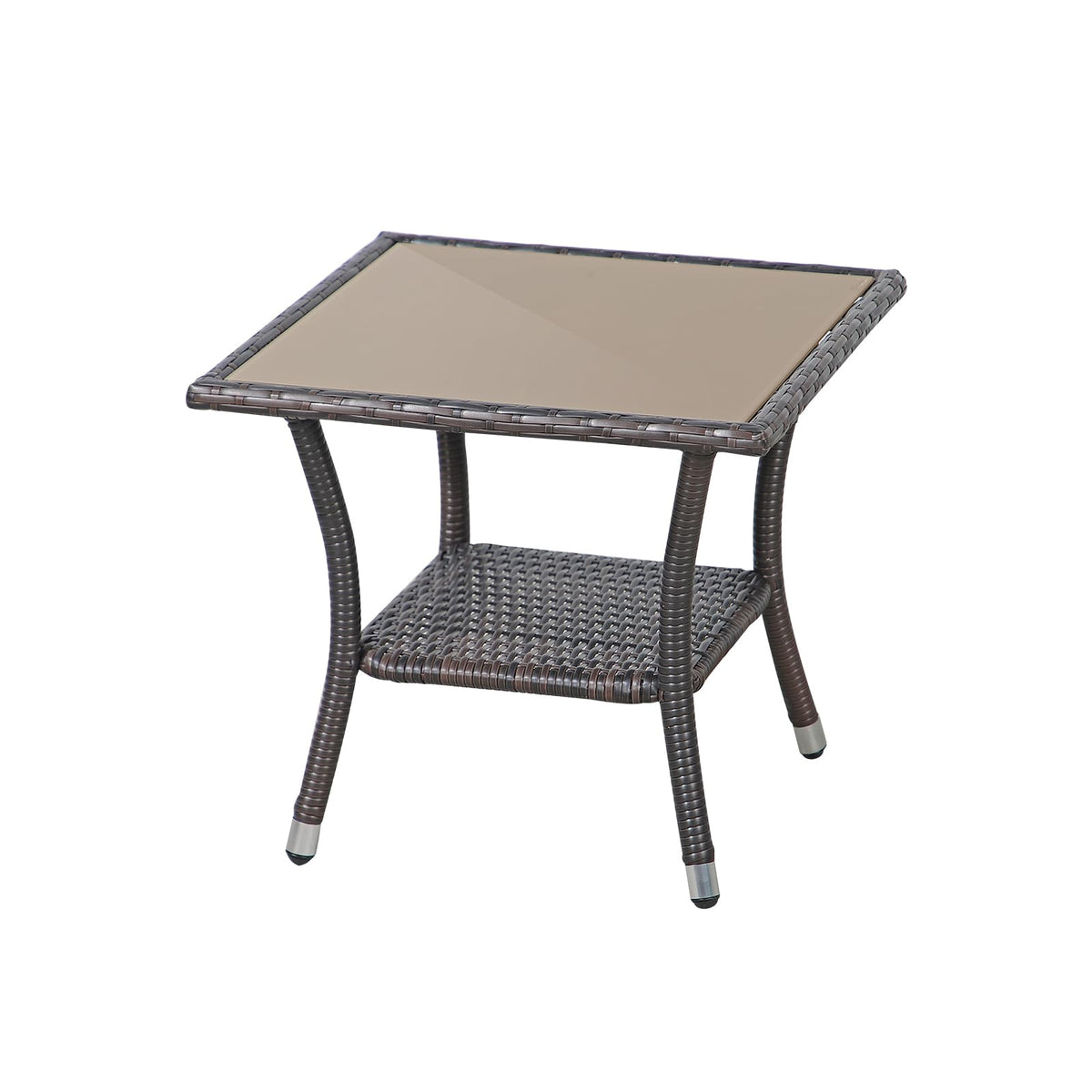 Verano Garden Outdoor Side Table, 20'' Square Wicker End Table, Tempered Glass Top Coffee Table With Storage, Aluminum Frame-Bro