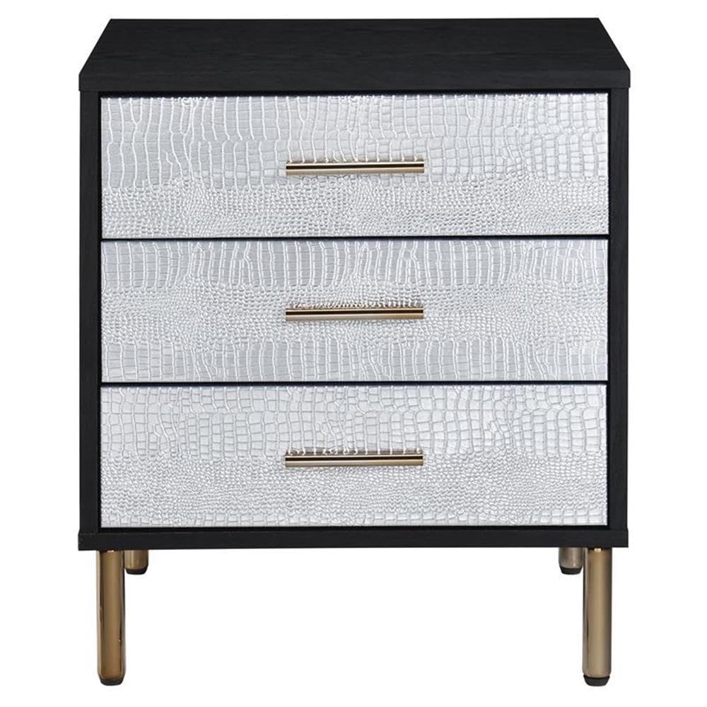 Acme Furniture Nightstand with 3 Drawers, Black, Silver and Gold