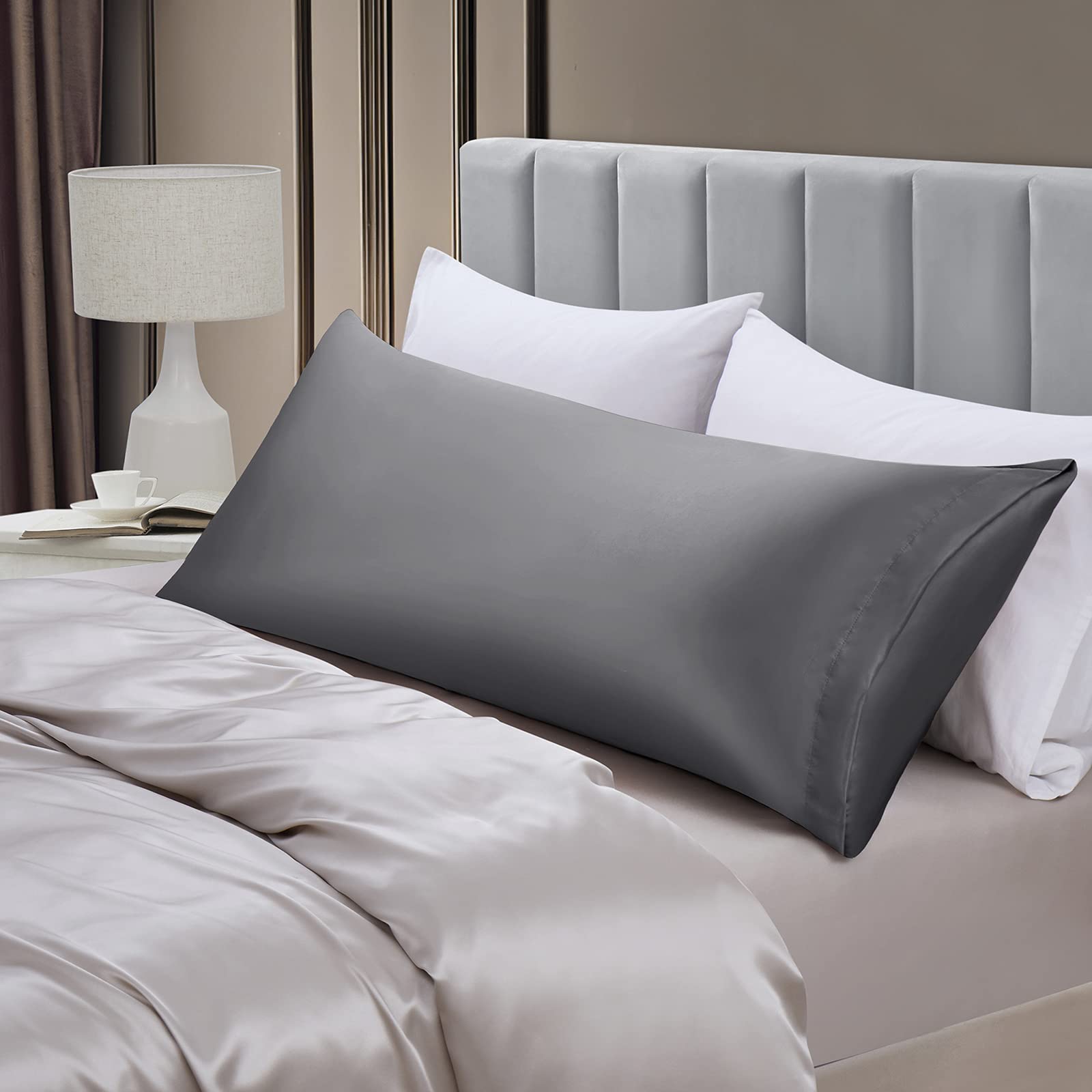 Aormenzy Satin Body Pillow Cover Set Of 2, 20X54 Inches Dark Grey Body Pillow Case For Adults, Silky Soft & Cooling Body Pillow