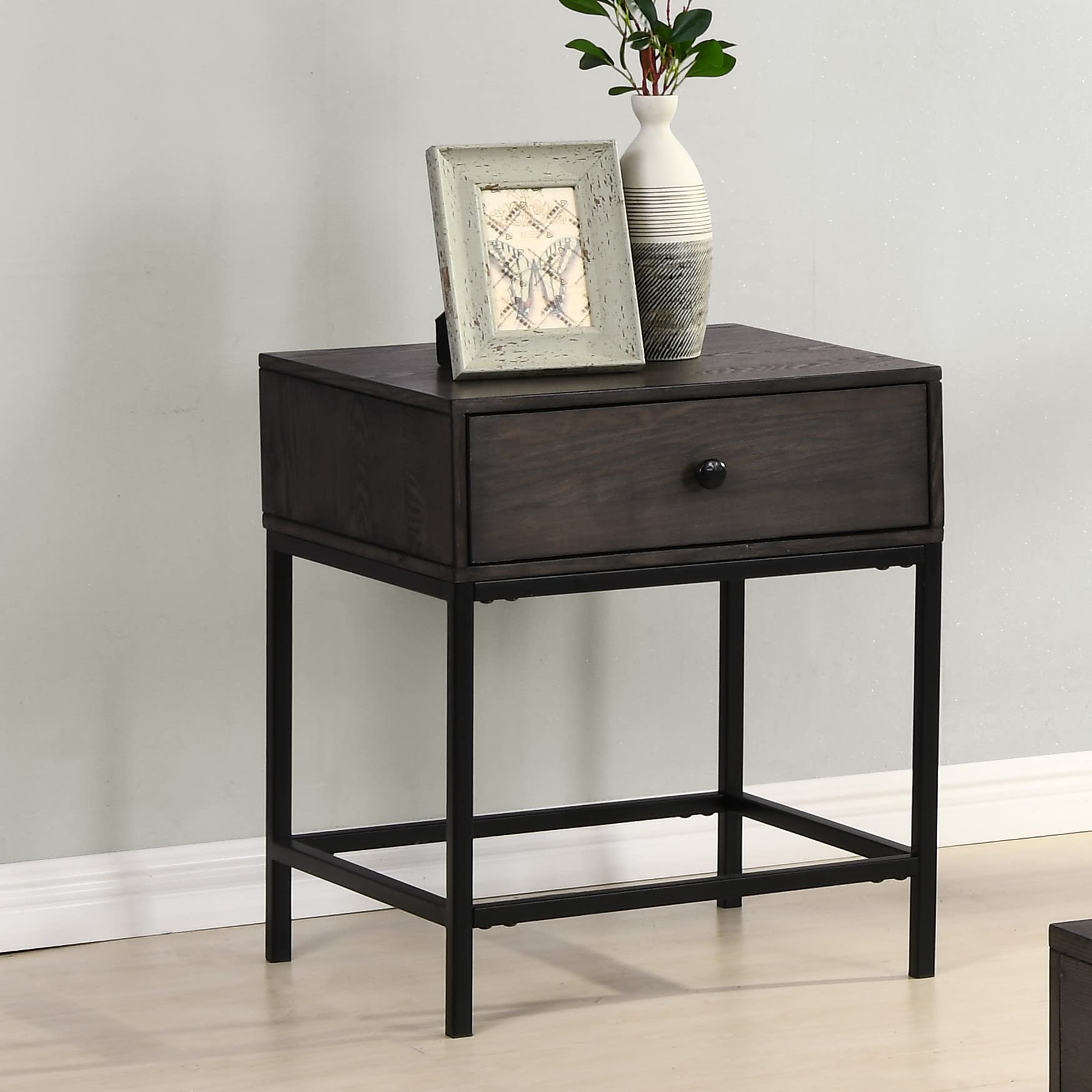 Lilola Home Ava Espresso MDF End Table with Charging Ports and Metal Base