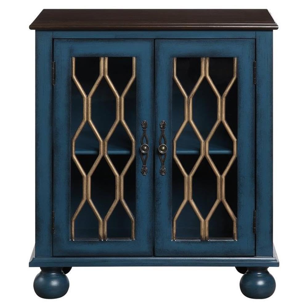 Acme Lassie Wooden Console Table with 2 Glass Doors in Antique Blue