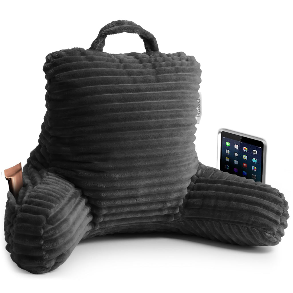Nestl Cut Plush Striped Reading Pillow For Kids & Teens, Small Back Pillow, Back Support Pillow, Shredded Memory Foam Bed Rest Pillow With Arms, Dark Gray