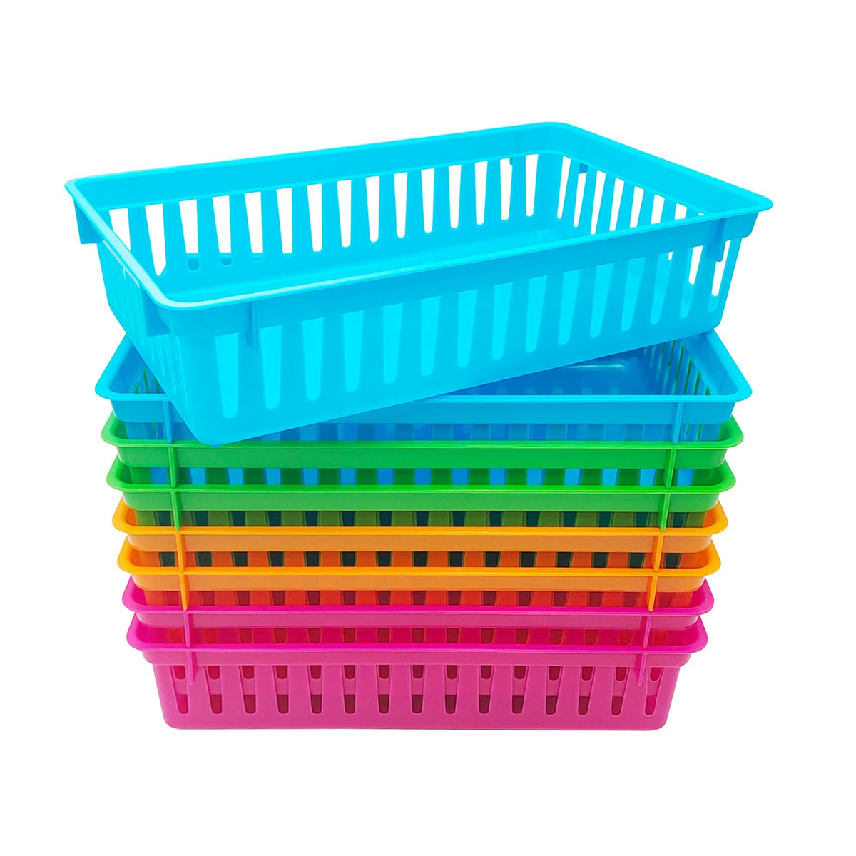 KWAGOCAR 8 Pack Classroom Storage Baskets Bins Colorful Plastic Organizer Basket Small Pencil Holder Tray Mesh Bins for Paper De