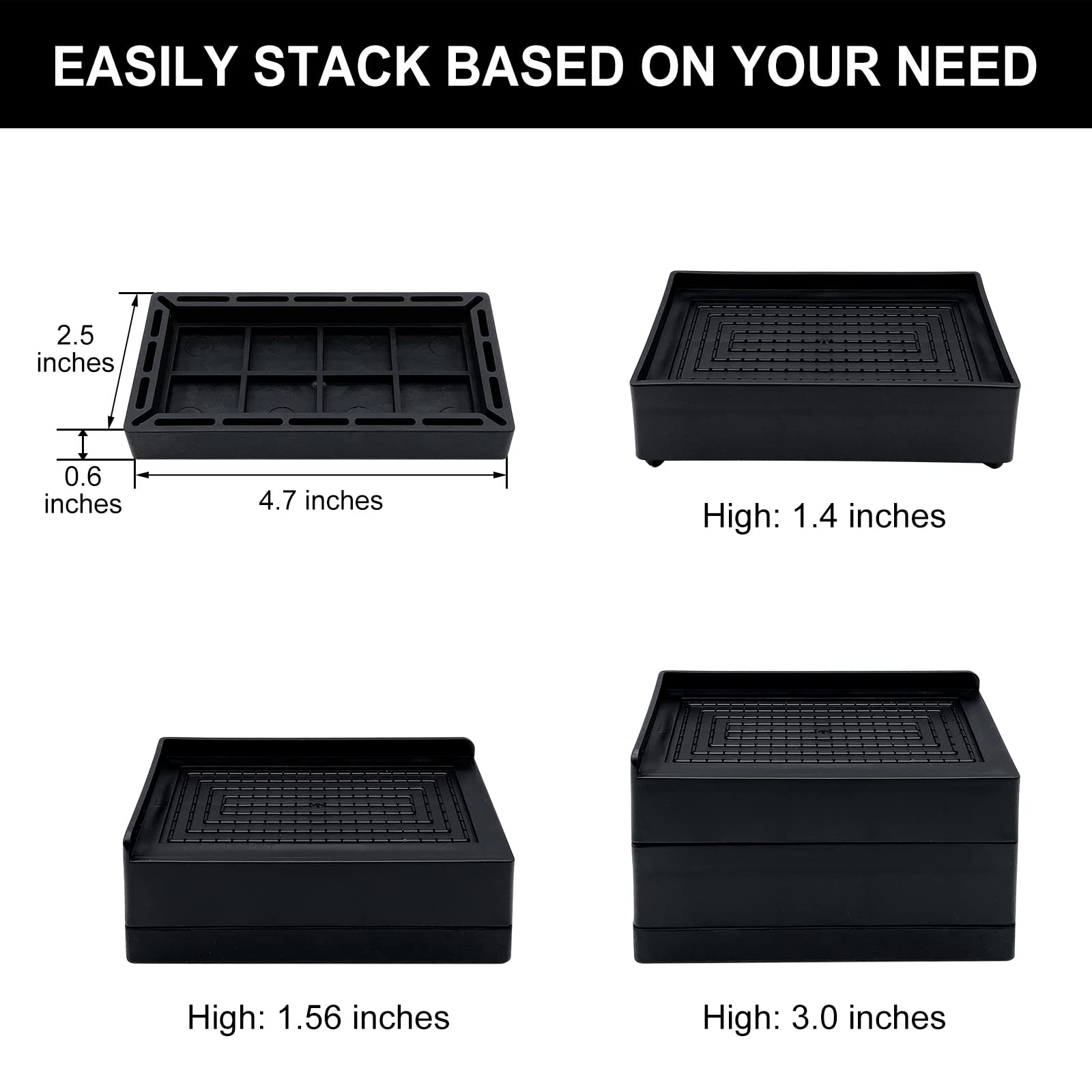 Jonhwi Bed Lifts Risers, Heavy Duty Furniture Elevator In Heights Of 2, 3 Or 4 Inch, Raising Blocks For Bed, Couch, Desk, Sofa, Tables, Headboard Stilts (Black, 4 Pack Set)