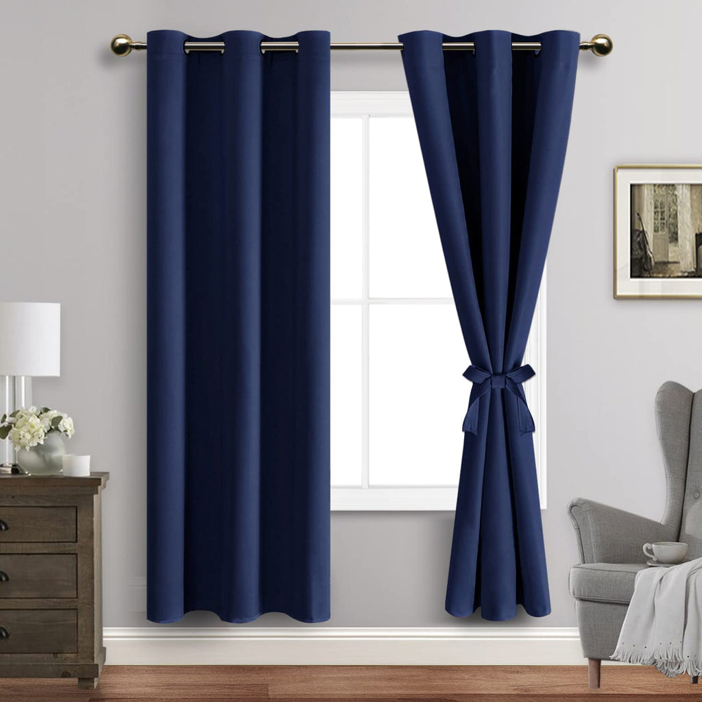 Jiuzhen Navy Blue Blackout Curtains With Tiebacks Thermal Insulated, Light Blocking And Noise Reducing Grommet Curtains For Bedroom And Living Room, Set Of 2 Window Curtain Panels, 42 X 72 Inch Length