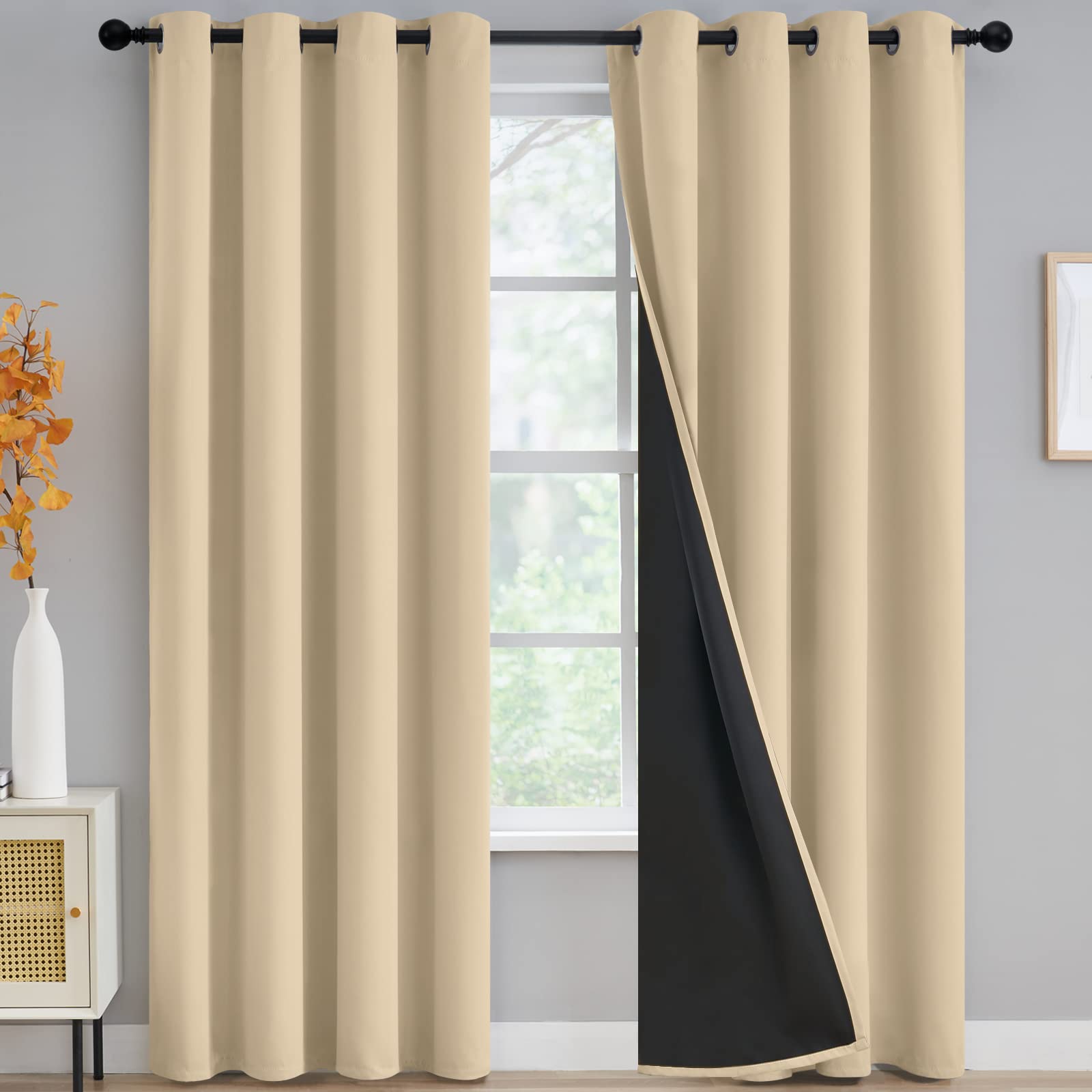 Thermal Insulated 100% Blackout Curtains For Bedroom With Black Liner, Light Blocking Drapes With Black Backing, Thermal Insulat