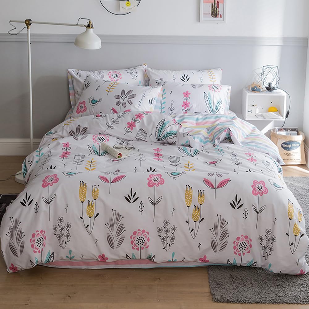 Highbuy Floral Printed Bedding Sets Full Duvet Cover Girls Cotton Comforter Cover Full Size Garden Aesthetic Reversible Striped