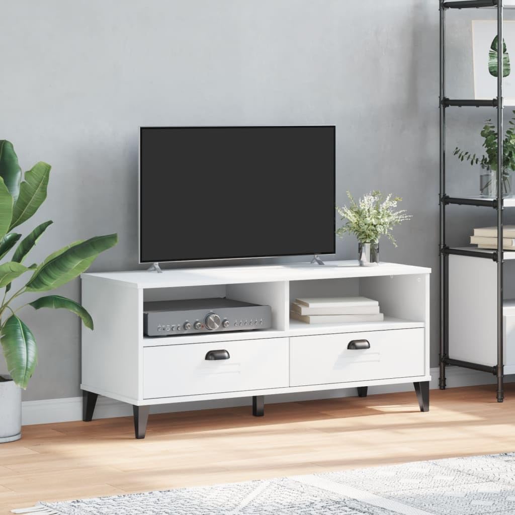 vidaXL VIKEN White TV Cabinet - Solid Pine & Engineered Wood, 106cm Media Stand with Drawers/Compartments, Elegant Living Room/Bedroom Furniture