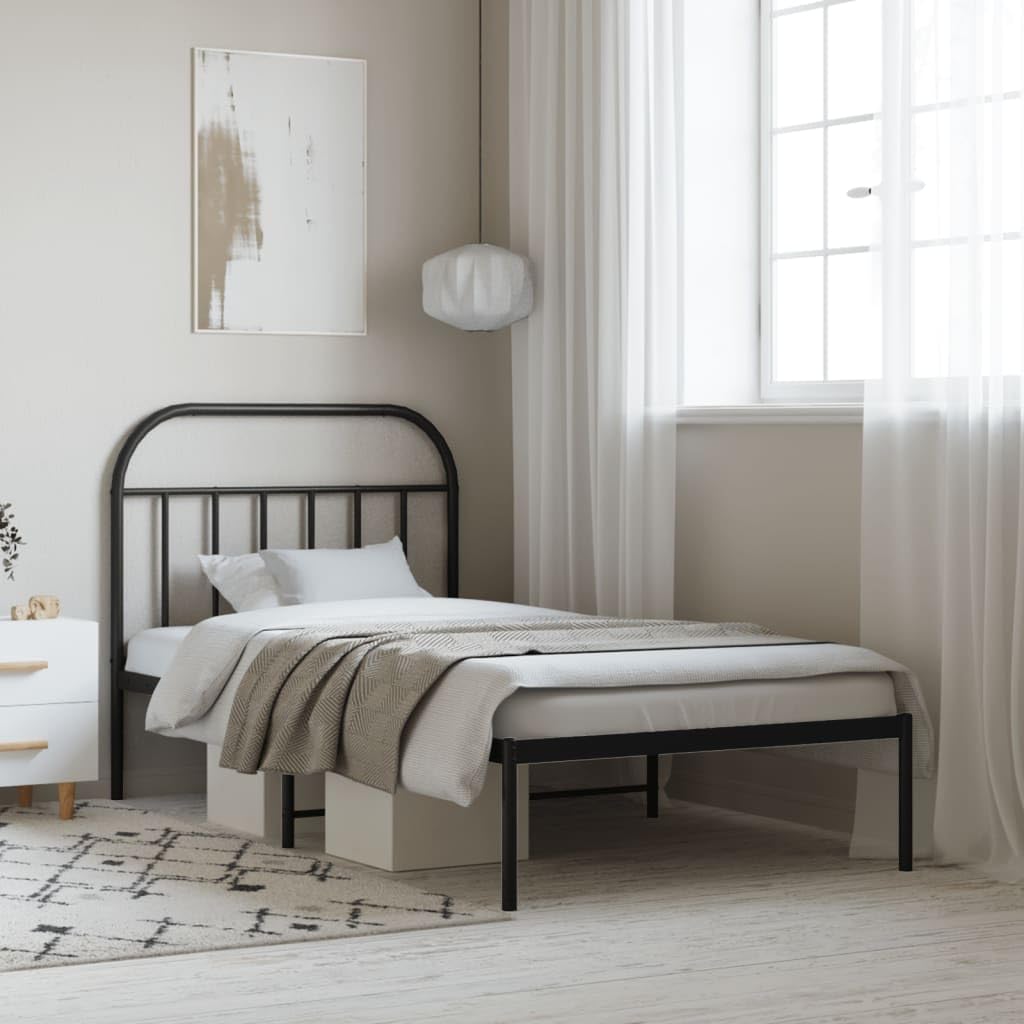 vidaXL Robust Powder-Coated Steel Construction Single Bed Frame with Headboard, Metal Slats and Legs, Extra Under-Bed Storage Space, Black, 39.4"x78.7"
