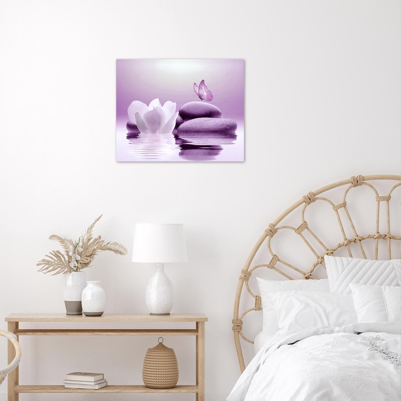 Eobtain Zen White Flower Canvas Wall Art Floral And Purple Butterfly On Stone Modern Framed Picture Yoga Spa Spiritual Painting