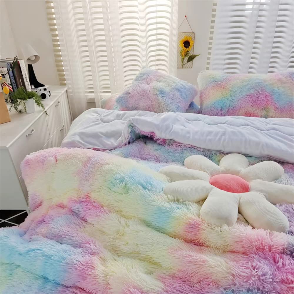 Chovy Faux Fur Plush Tie-Dyed Pink Comforter Sets Twin/Full Size - Ultra Soft Shaggy Flannel Velvet Fluffy Fuzzy 3Pc Bedding Set