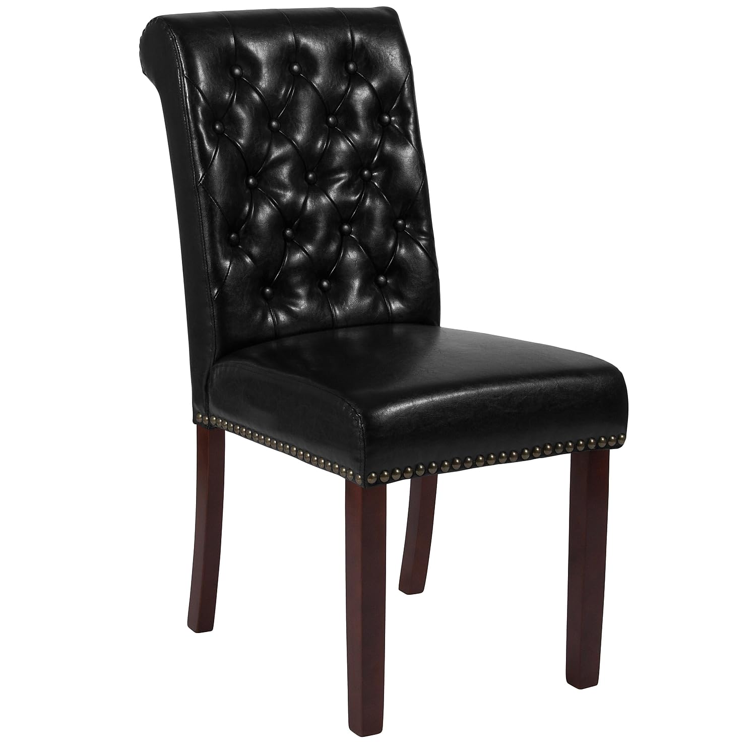 Flash Furniture Hercules Series Black Leathersoft Parsons Chair With Rolled Back, Accent Nail Trim And Walnut Finish