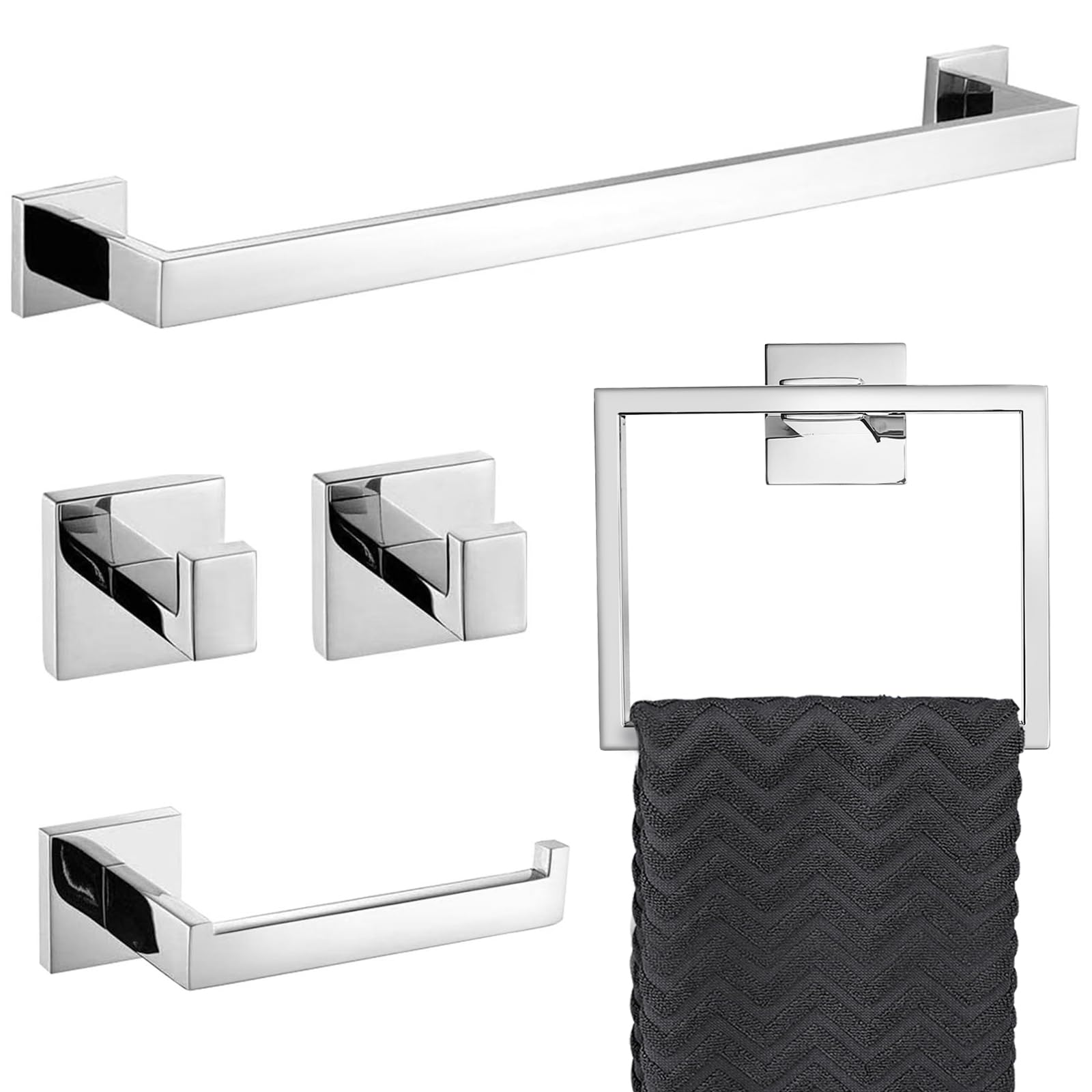TURS 5-Piece Bathroom Hardware Set Polished Chrome Towel Bar Sets Towel Ring Toilet Paper Holder and 2 Towel Hooks, Stainless St