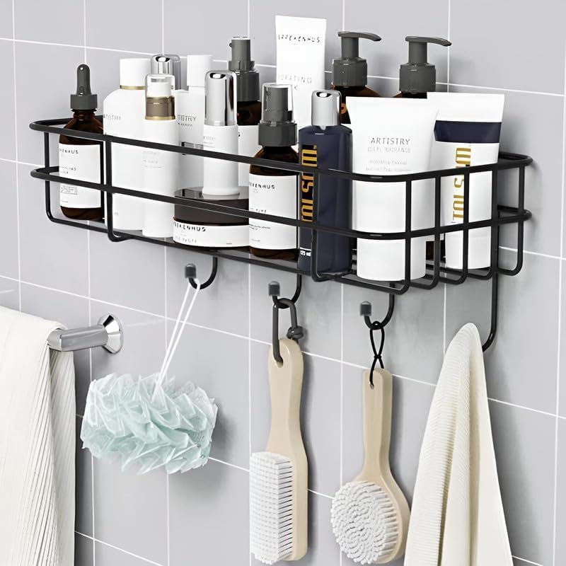 Wall Mounted Bathroom Shelf With 4 Hooks, 27X10X11.5 Cm, Black