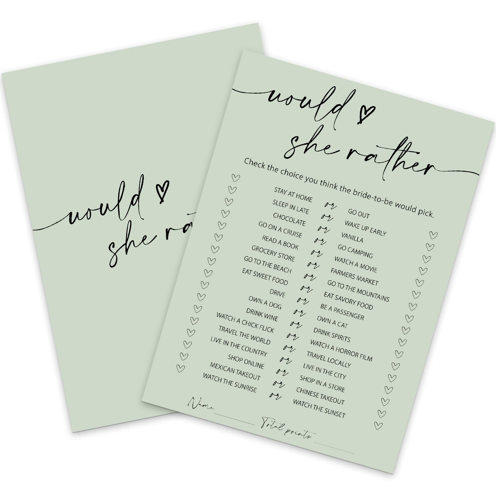 Whaline 50 Sheets Sage Green Bridal Shower Game Cards Greenery Double Sided Party Game Activity Cards for Would She Rather Weddi