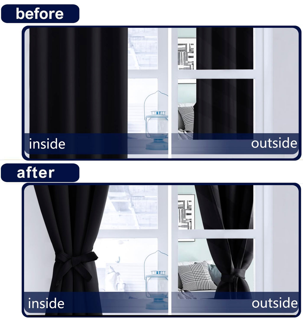 Hiasan Black Blackout Curtains 84 Inches Long 2 Panels, Thermal Insulated Window Treatment Sewn With Tiebacks, Back Tab & Rod Po