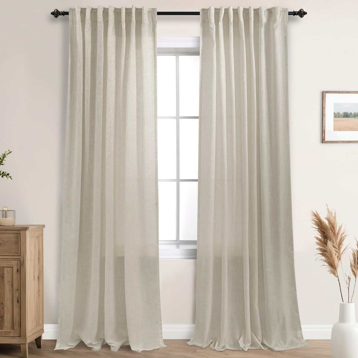 Beige Back Tab Linen Textured Curtains 120 Inch Length For Living Room Bedroom Large Window, 10Ft Tall Extra Long Farmhouse Tan