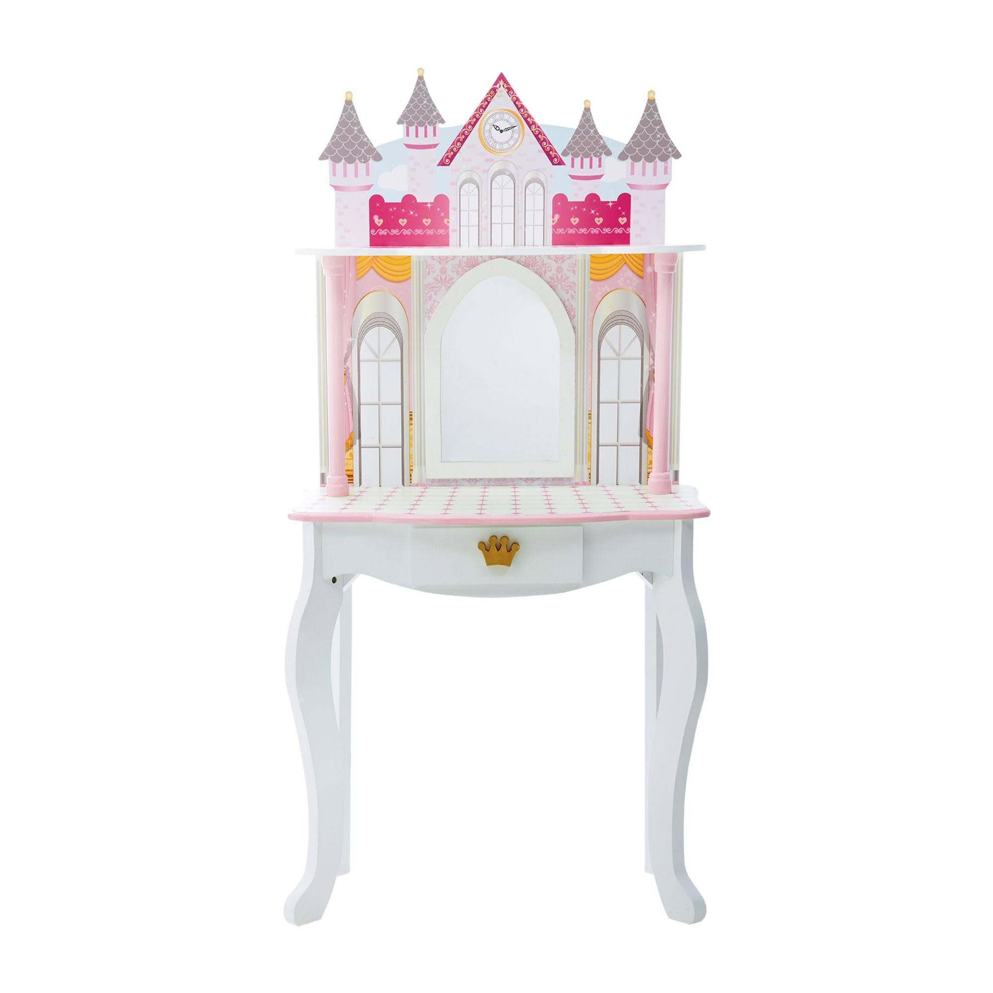 Teamson Kids Dreamland Princess Play Vanity Set with Mirror, Shelf, Storage Drawer, Stool, and Accessories for 12 Dolls, White a