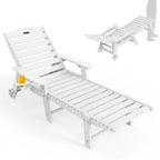 Lounge Chair Outdoor, Oversized Chaise Lounge Chair With 5 Positions, Hdpe, Patio Lounge Chair With Wheels & Cup Holder For Pool, Deck, Poolside, White