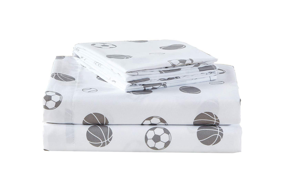 Chezmoi Collection 3-Piece Kids/Teens Sports Sheet Set - Soft Microfiber White Gray Baseball Basketball Football Soccer, Twin Si