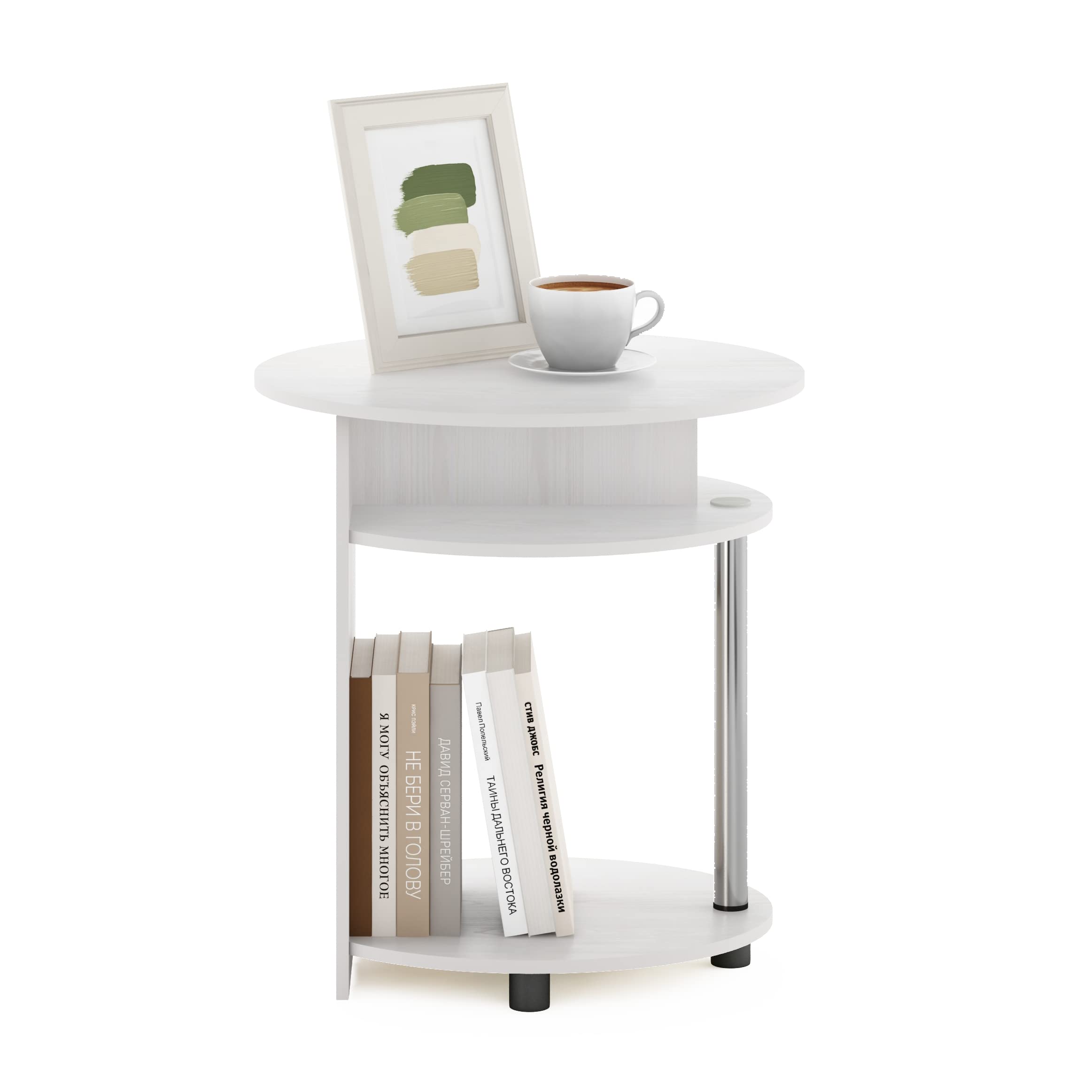 Furinno Jaya Simple Design Oval End Table With Bin, White Oak/Chrome