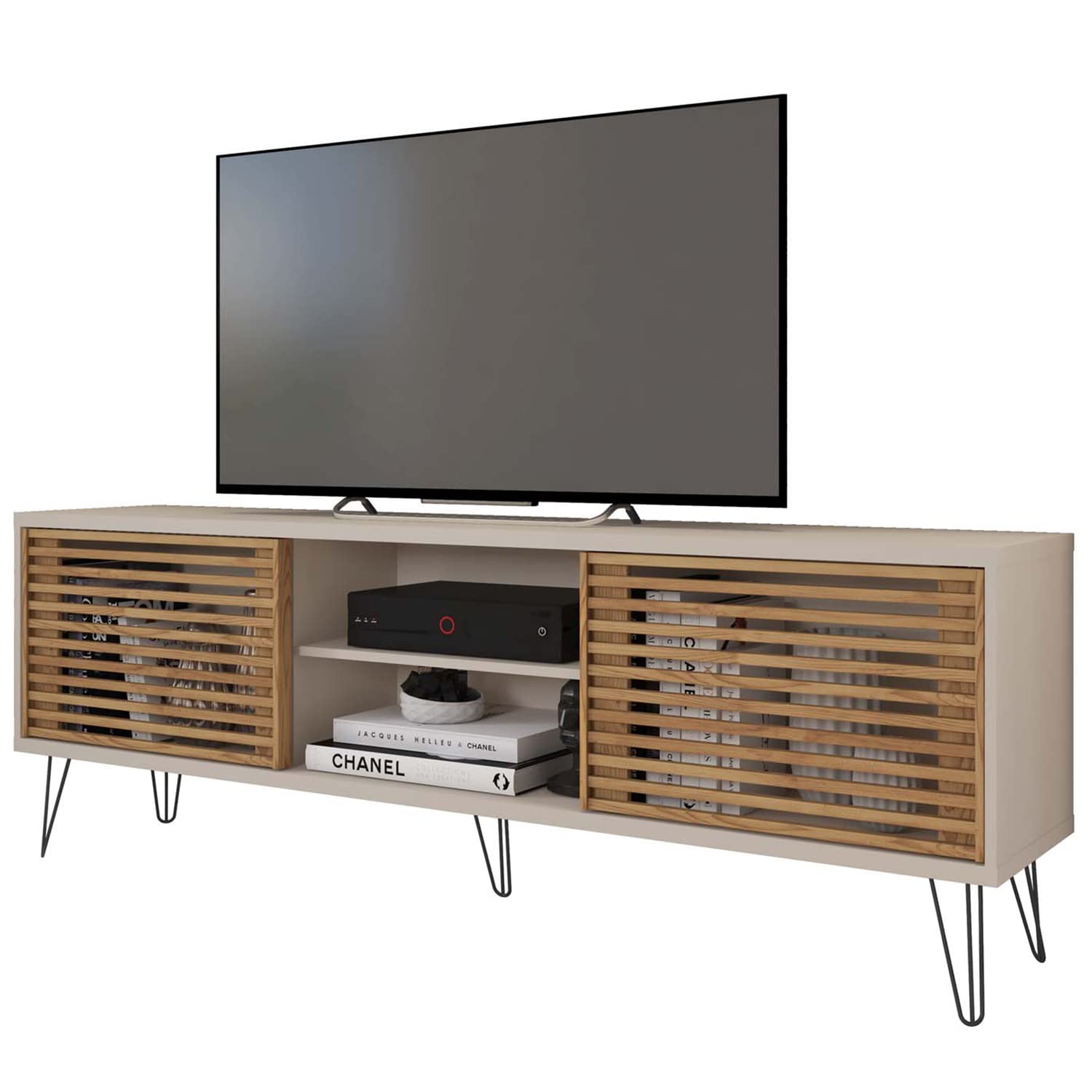 Better Home Products Frizz Mid-Century Modern TV Stand for up to 70 Inches TV in Off White and Natural Oak (Buriti) / Easy Assembly