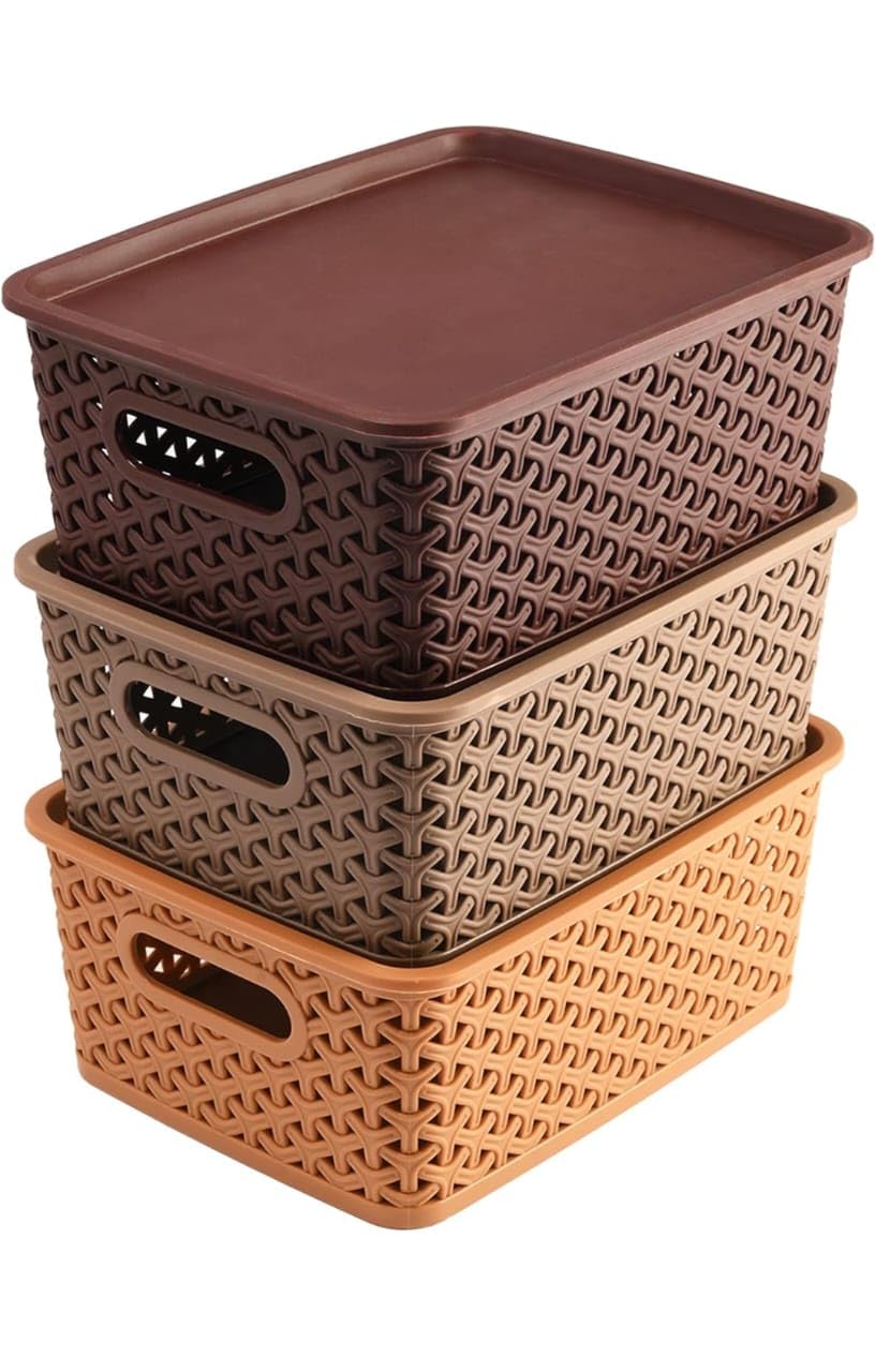 Plastic Storage Basket with Lid Set of 3, Woven Rattan Style Organizer Bins for Closet, Laundry, Pantry & Bathroom
