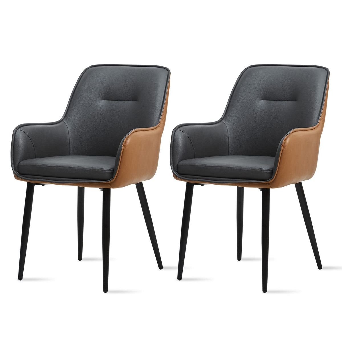 Ofcasa Faux Leather Dining Chairs Set Of 2, Upholstered Armchair With Cushioned Arms And Seat, Accent Chair With Metal Legs For Kitchen Guest Reception Restaurant Commercial (Grey + Brown)