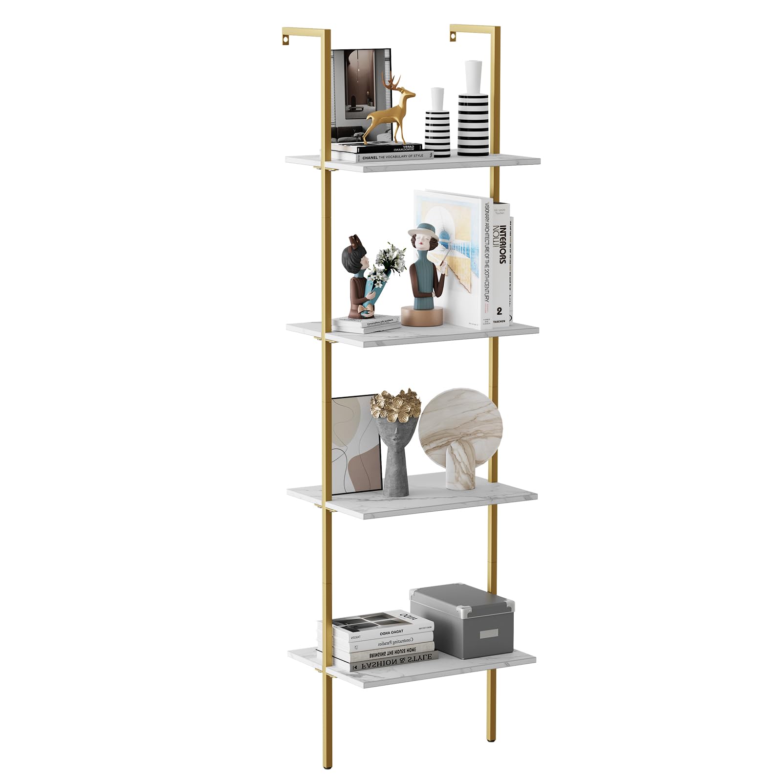 Wolawu Ladder Shelf 4 Tiers Metal Industrial Bookshelf,White Marble Wood Tall Open Storage Rack And Display Shelves,Wall Mount Wide Book Case For Home Office Bedroom,Small