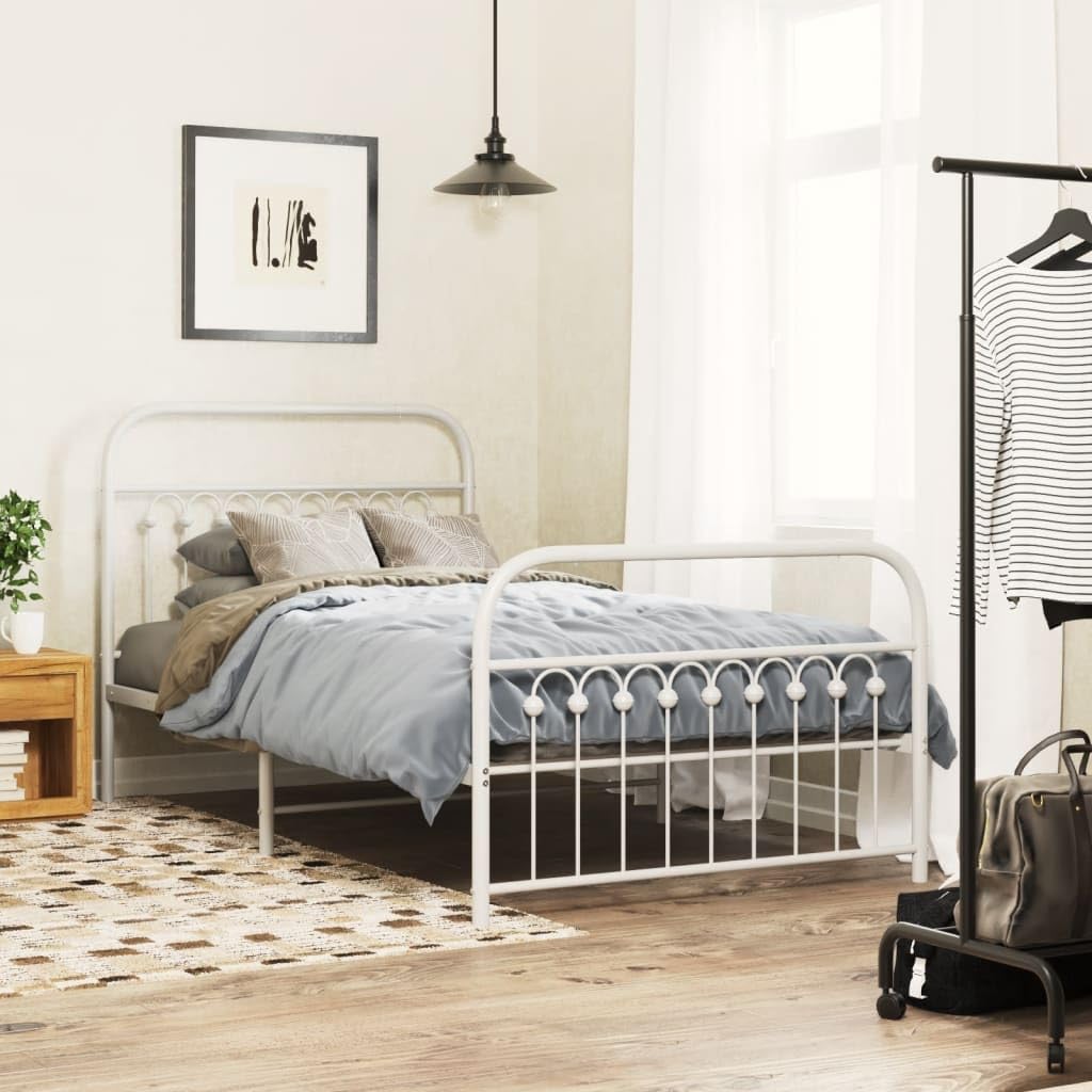 vidaXL Metal Bed Frame with Headboard and Footboard - White - 100x200 cm - Steel Single Bed Frame with Extra Storage Space