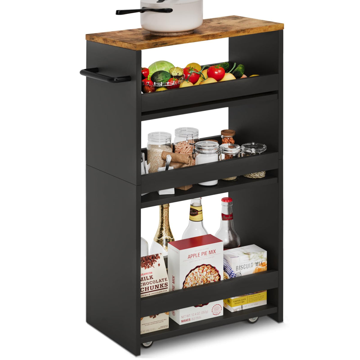 Teamix 4 Tier Slim Storage Cart With Handle, Slide Out Storage Rolling Utility Cart Mobile Shelving Unit Organizer Trolley For Small Spaces Kitchen Laundry Narrow Places (Black+Brown, 7-7/8'' W)