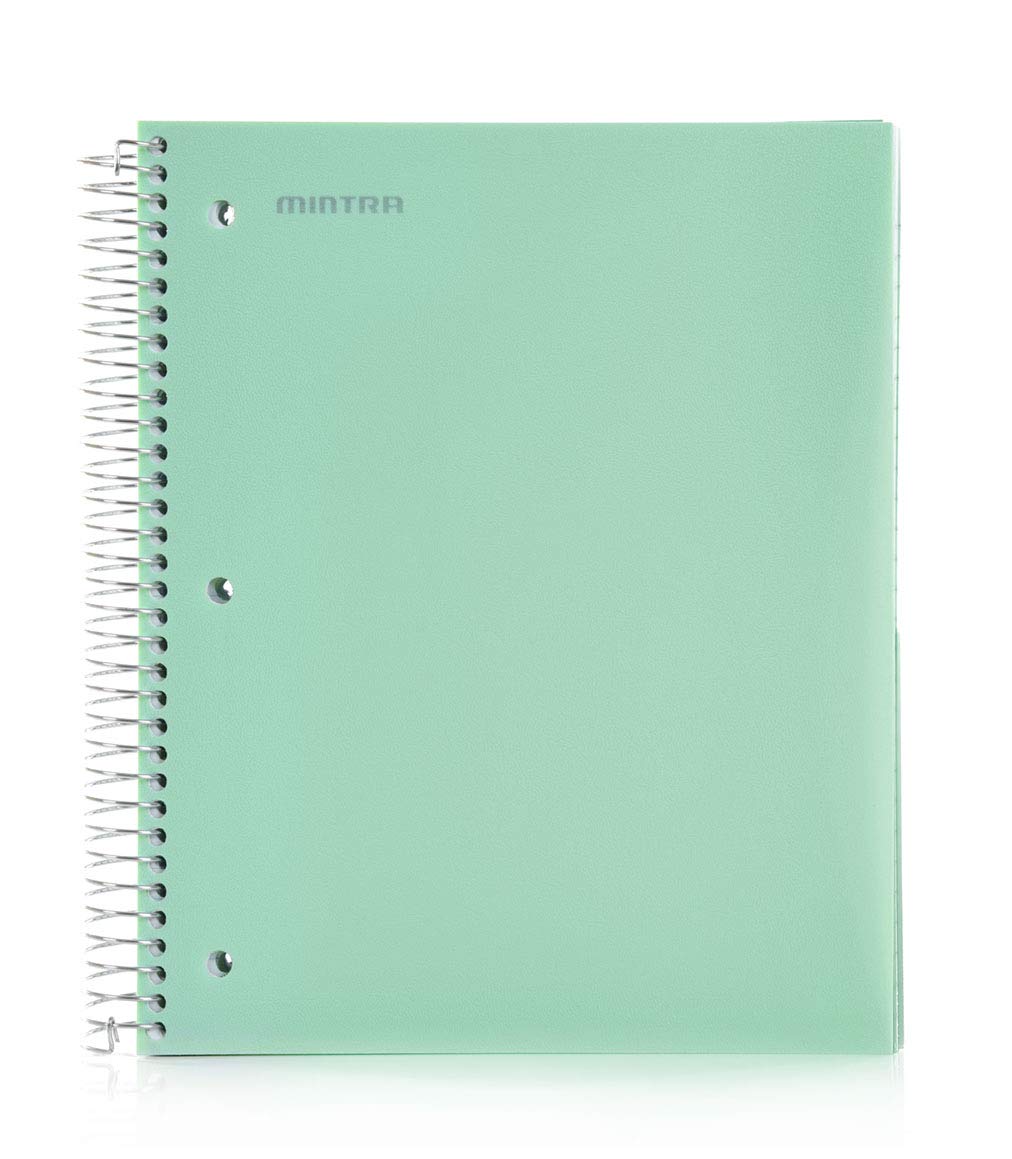 Mintra Office Durable Spiral Notebooks, 5 Subject, (Sage Green, Wide Ruled 1Pk), 200 Sheets, 5 Poly Pockets, Moisture Resistant