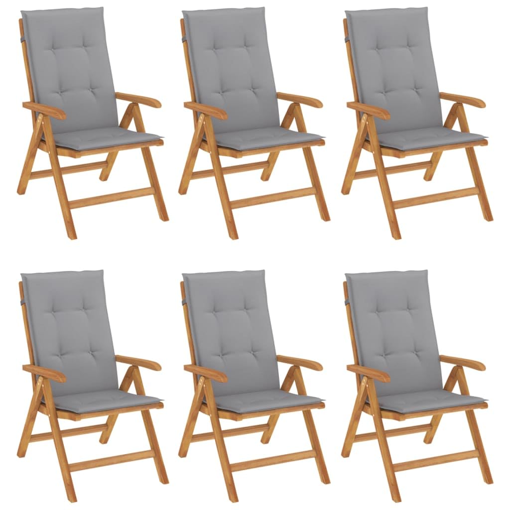 vidaXL Reclining Patio Chairs - Set of 6, Solid Teak Wood, Adjustable Backrest, Foldable Design, Comfortable Seating with Cushio