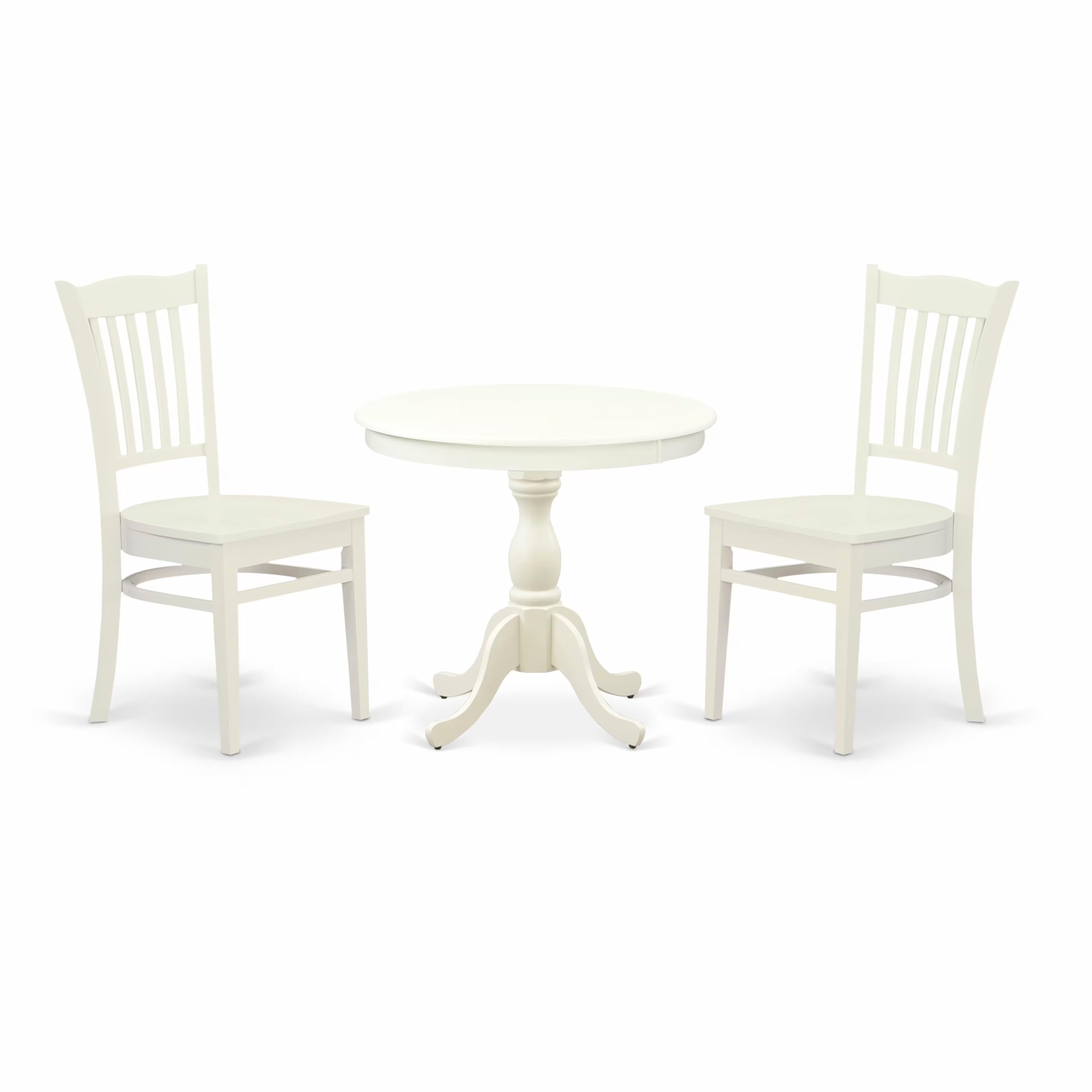 East West Furniture AMGR3-LWH-W 3 Piece Dinette Set for Small Spaces Contains a Round Kitchen Table with Pedestal and 2 Dining Room Chairs, 36x36 Inch, Linen White