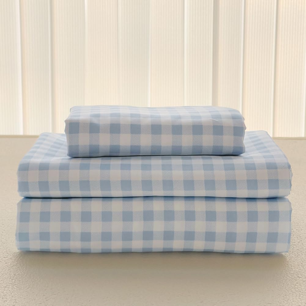 NSNLGSGC Light Blue Gingham Twin Kids Sheet Set, Soft Brushed Microfiber Baby Blue Plaid Twin Bed Sheets, 3-Pieces Sheet Set wit