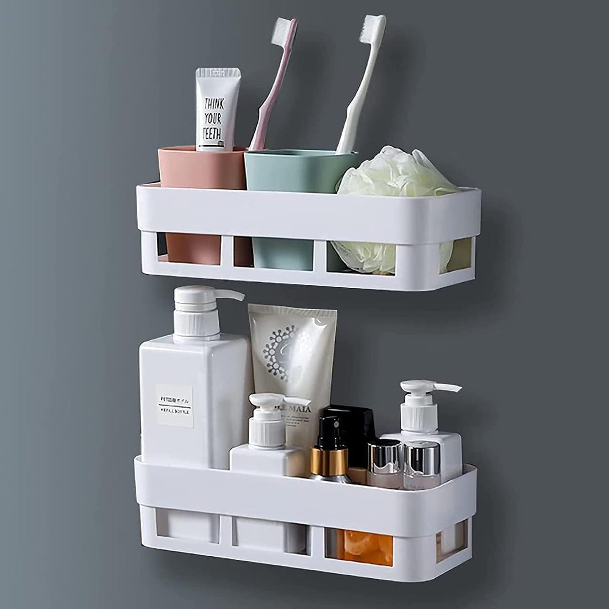 4MYL Pack of 2 Multipurpose Bathroom Shelf Wall Mount Organizer Rack, SelfAdhesive Plastic Stand for Storage, Soap Dish, and Ki