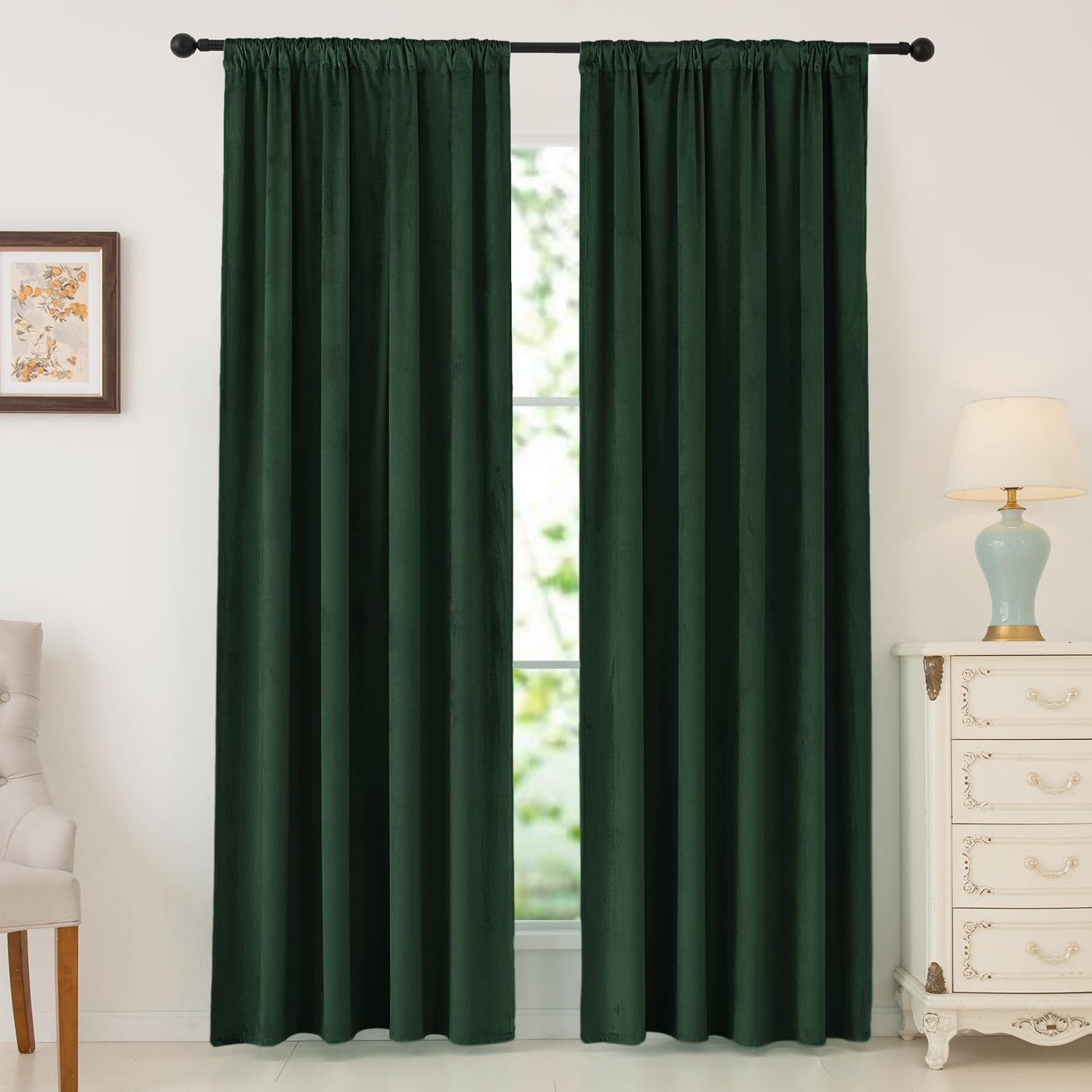 Nanbowang Green Velvet Curtains - 72 Inches Long Soft Curtains Rod Pocket Thermal Insulated Curtains Window Treatment For Bedroo