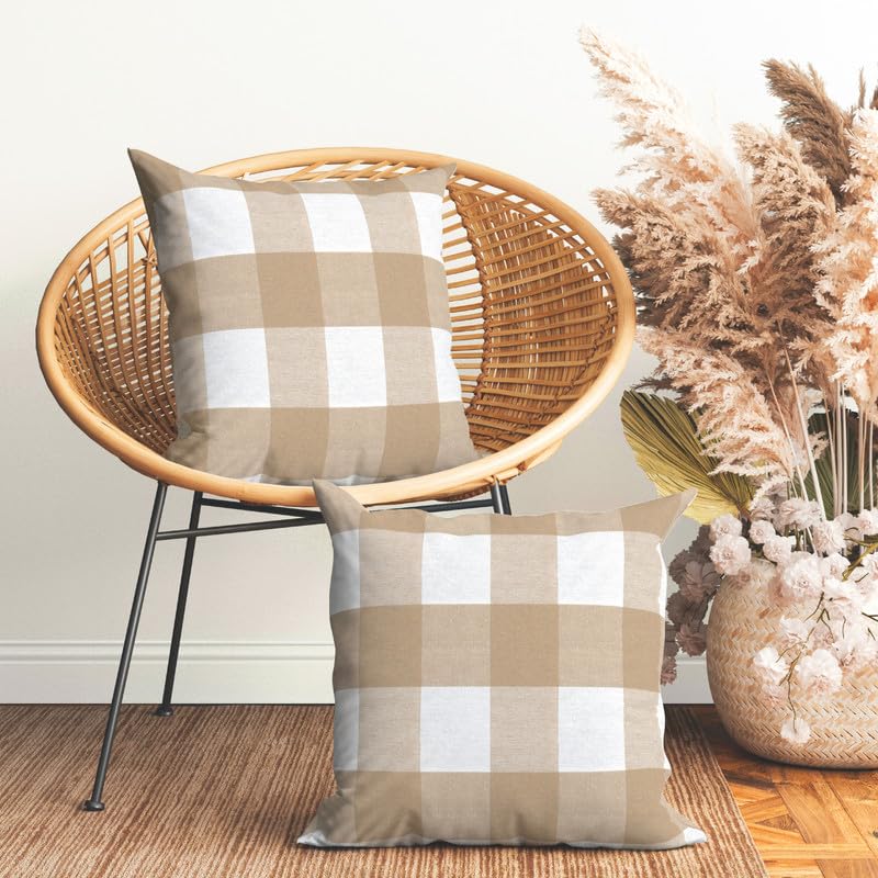 Encasa Homes Farmhouse Throw Pillow Covers Pack of 2 18x18 Buffalo Beige Checks | Decorative Cushion Covers No Insert | Pillow S