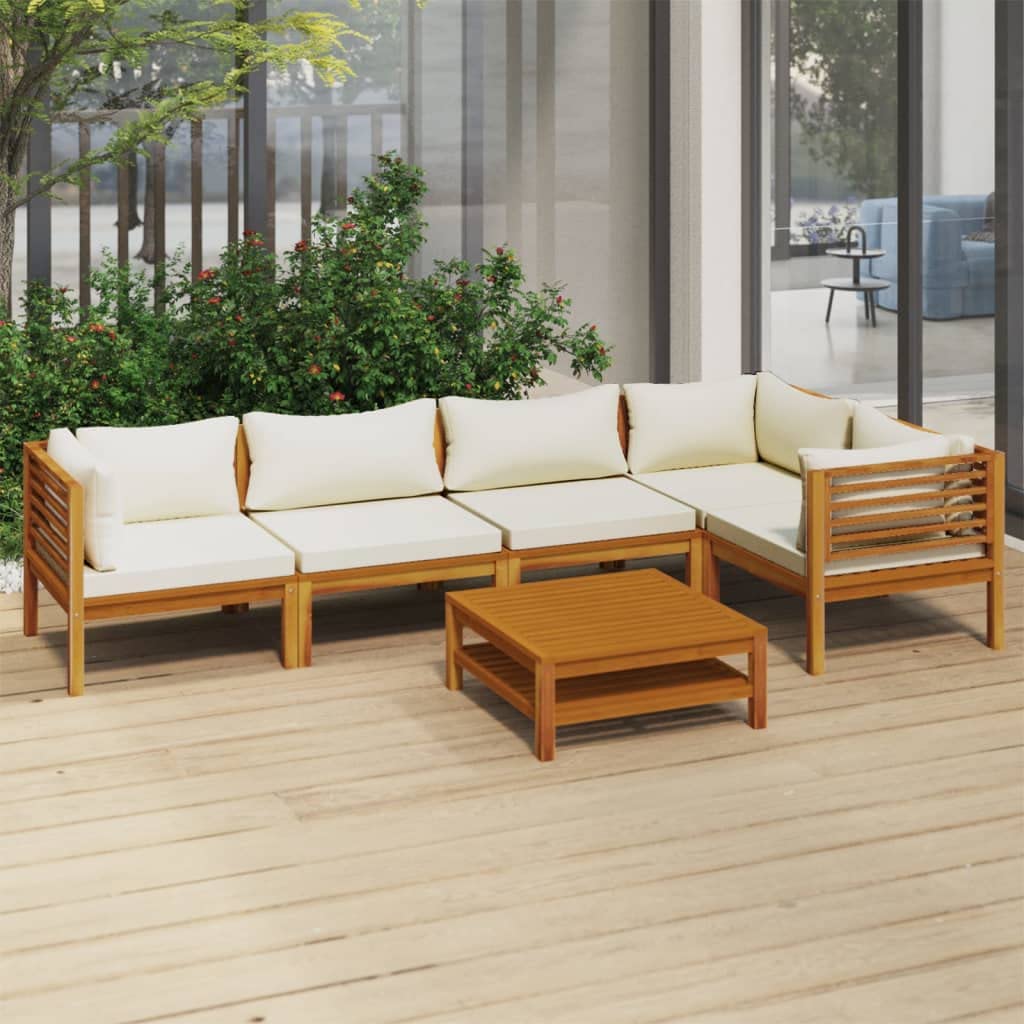 vidaXL 6 Piece Solid Acacia Wood Patio Lounge Set - Modular Outdoor Seating with Cream Cushions and Coffee Table